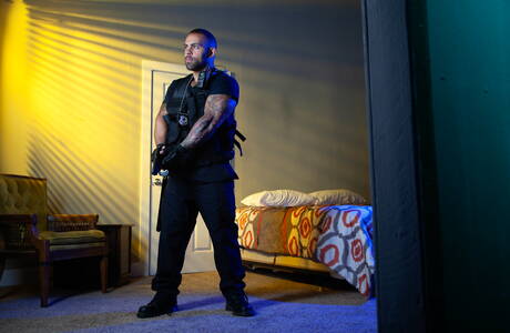 Well-built Lorenzo Flexx and ebony muscular Jay Landford in black on white love