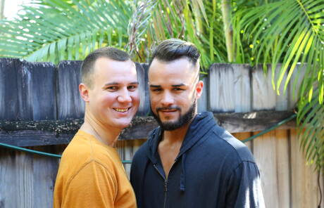 Latino beefcake Javier Cruz and hunky guy Lance Cole sucking and fucking each other outdoor