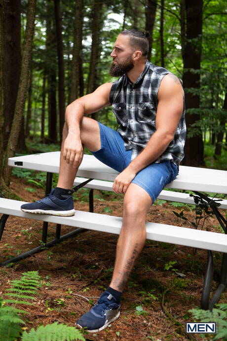 Hot americans, muscular Chuck Conrad and beautiful boy Sam Ledger fuck ass after sucking cock outdoor